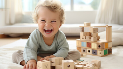 Baby plays with wooden toys in the children's room.