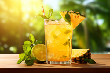 A pineapple mojito cocktail with a beach sunset background ai generated
