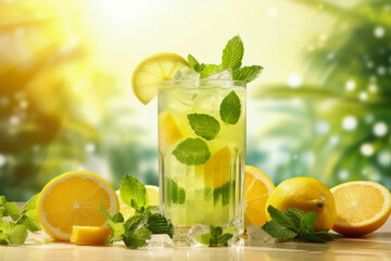 A pineapple mojito cocktail with a beach sunset background ai generated
