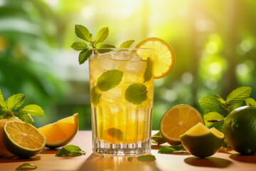 A pineapple mojito cocktail with a beach sunset background ai generated