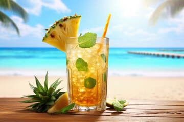 A pineapple mojito cocktail with a beach sunset background ai generated
