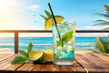 A pineapple mojito cocktail with a beach sunset background ai generated