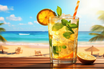 A pineapple mojito cocktail with a beach sunset background ai generated