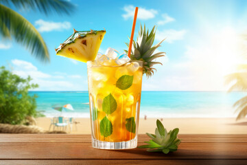 A pineapple mojito cocktail with a beach sunset background ai generated