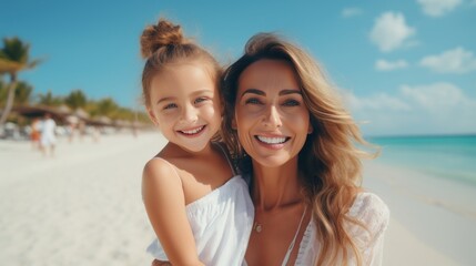 Mom and daughter on the azure beach in white clothes.