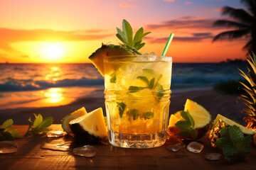 A pineapple mojito cocktail with a beach sunset background ai generated