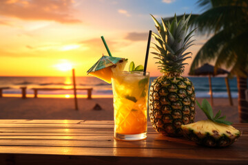 A pineapple mojito cocktail with a beach sunset background ai generated