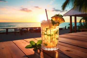 A pineapple mojito cocktail with a beach sunset background ai generated