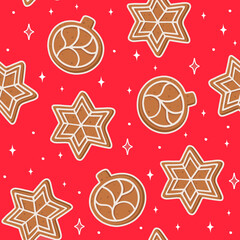 Christmas pattern with gingerbread cookies. New Year decor. Perfect for wrapping paper. Vector.