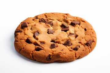 A chocolate chip cookie on a white background.