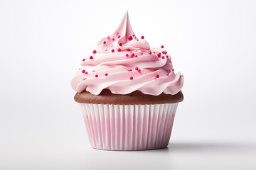 A chocolate cupcake with pink frosting and sprinkles on a white background.