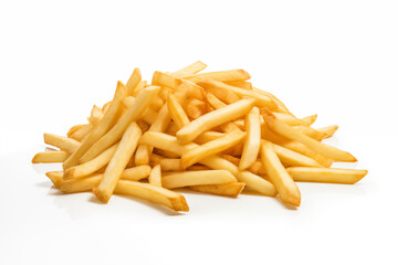 A pile of golden brown french fries on a white background.