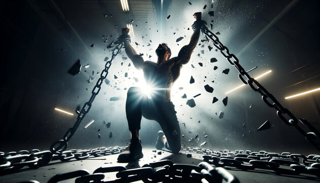 Hombre musculoso rompiendo cadenas con fuerza, simbolizando libertad y empoderamiento, bajo un ambiente emocionante e impactante.