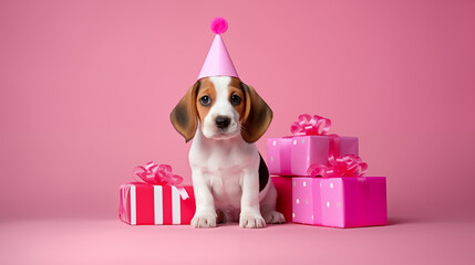 Cute beagle puppy with birthday hat and gifts on pink background