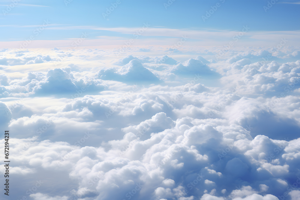 Wall mural beautiful sunset above clouds. view from airplane window. nature background ai generated art