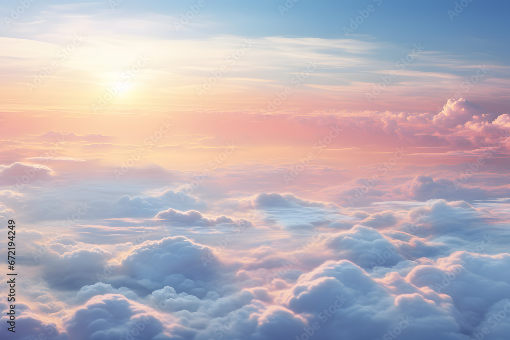 Wall mural sunrise above the clouds. view from the window of an airplane ai generated art