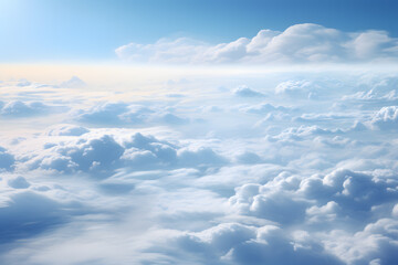 Aerial view of white clouds in blue sky. View from airplane window ai generated art