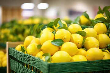Pile of organic lemons in supermarket aisle. Close up shot. Horticultural, agricultural industry concept
