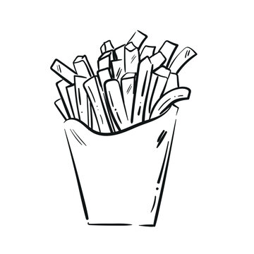 recommend clip art: French fries flying to paper box. Sketch style hand drawn illustration. Fried potato. Fast food retro artwork. Vector image Isolated on white. For menu, design, flyers