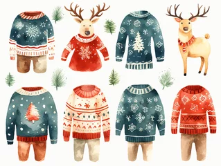 Gartenposter Big watercolor ugly sweaters set for Christmas party. Funny Xmas jumper on white background. © Nata789