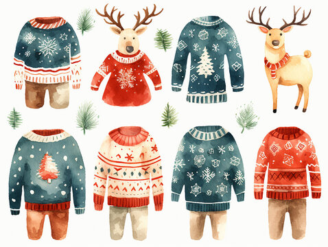 Big watercolor ugly sweaters set for Christmas party. Funny Xmas jumper on white background.