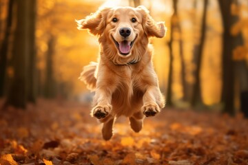 happy golden retriever dog running and jumping in autumn park