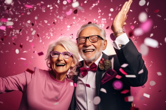 happy senior couple celebrating New Year at party with confetti on pink background. Retired married people. Happy long marriage. Festive poster of elderly person at holiday celebration