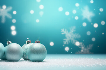 Christmas Card - Holiday baubles and decorative snowflakes on a turquoise pastel background - with space for text