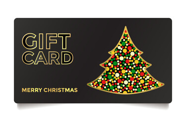 Abstract horizontal Christmas gift card with confetti tree on black background