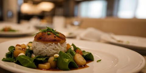 A delicious gourmet dish in a luxury restaurant kitchen is being prepared and waiting to serve