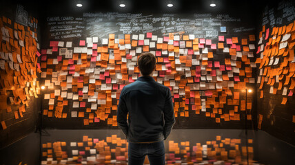 Businessman looking at wall with a lot of sticky notes. Ideas and innovation concept - obrazy, fototapety, plakaty