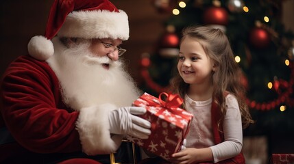 Fototapeta na wymiar Santa Claus and adorable girl in pajamas preparing gifts for Christmas