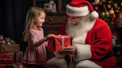 Obraz na płótnie Canvas Joyful Santa Claus delighting a cute girl in pajamas as they pack gifts together in a heartwarming Christmas scene