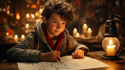 Boy writing a letter to Santa Claus.