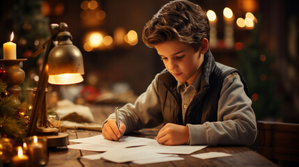 Boy writing a letter to Santa Claus.