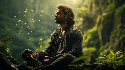 Man meditates in green nature.