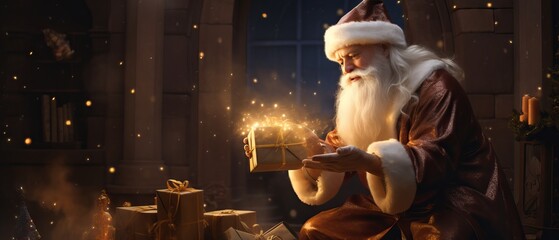 Santa Claus opening a magical Christmas gift with sparkling stars in the dark night sky