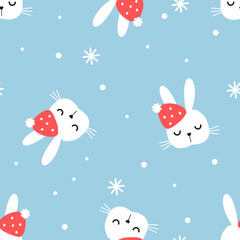 Seamless pattern with bunny rabbit cartoons, Santa hat and snowflakes on blue background vector illustration.