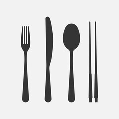 Cutlery black icon set. Fork, knife, chopsticks and spoon.  Vector	