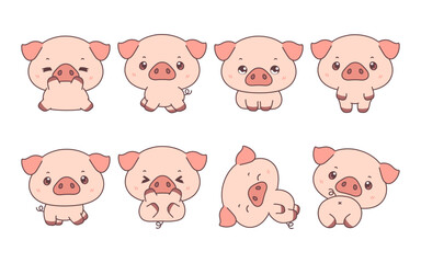 Set of Kawaii Isolated Baby Pig. Collection of Vector Cartoon Farm Animal Illustrations for Stickers, Baby Shower, Coloring Pages, Prints for Clothes