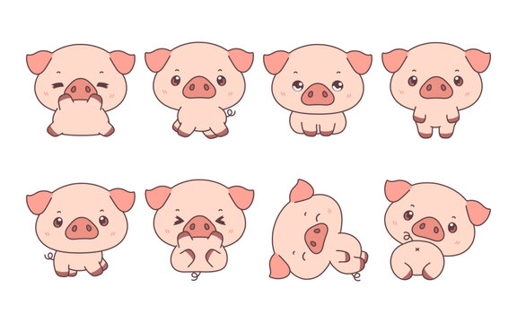 Set of Kawaii Isolated Baby Pig. Collection of Vector Cartoon Farm Animal Illustrations for Stickers, Baby Shower, Coloring Pages, Prints for Clothes