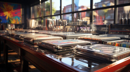 Record store with vinyl collections.