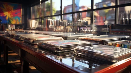 Store enrouleur tamisant sans perçage Magasin de musique Record store with vinyl collections.