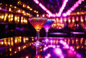 AI generated illustration of two vibrant cocktails placed on a bar countertop under pink neon lights
