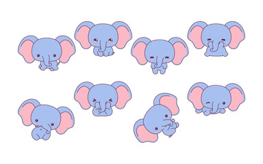 Set of Kawaii Isolated Elephant. Collection of Vector Cartoon Baby Animal Illustrations for Stickers, Baby Shower, Coloring Pages, Prints for Clothes