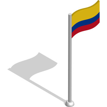 Isometric flag of Colombia in motion on flagpole. National banner flutters in wind. PNG image on transparent background