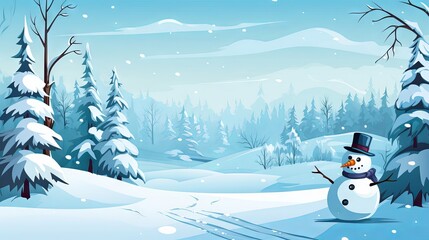 Snowy winter landscape with cute snowman and pine trees vector illustration with copy space