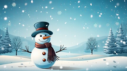 Obraz premium Snowy winter landscape with cute snowman and pine trees vector illustration with copy space