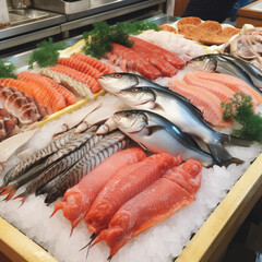 Window display of a fishmonger with fresh fish. - obrazy, fototapety, plakaty