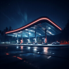 Gas station illuminated at night. - obrazy, fototapety, plakaty